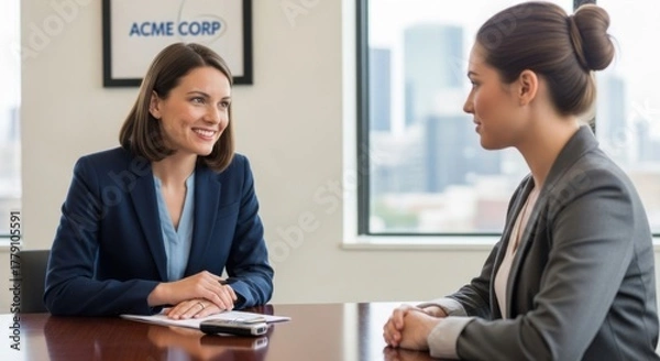 Fototapeta Job interview conversation. HR manager meeting a female applicant. Two businesswomen in a corporate office. Human resources, recruitment, hiring, and professional career concept.