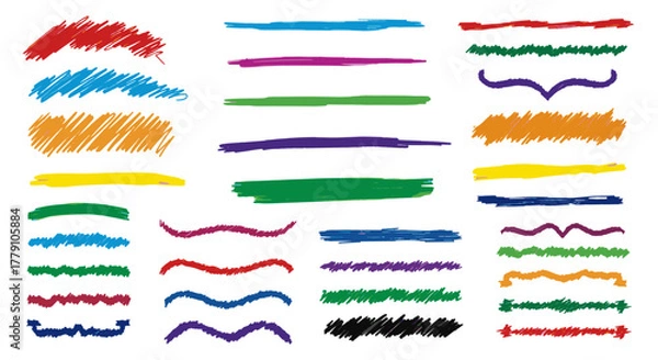 Obraz Collection of hand-drawn colorful brush strokes and lines, resembling crayon, pencil, chalk, and marker textures, perfect for adding a sketchy, kid-art style emphasis to designs, highlighting text