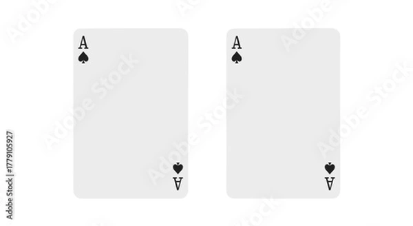 Obraz Two empty white playing cards with Ace of Spades symbol isolated on a black background, top view, concept for blackjack, poker, voucher, gift card or discount, mockup for design