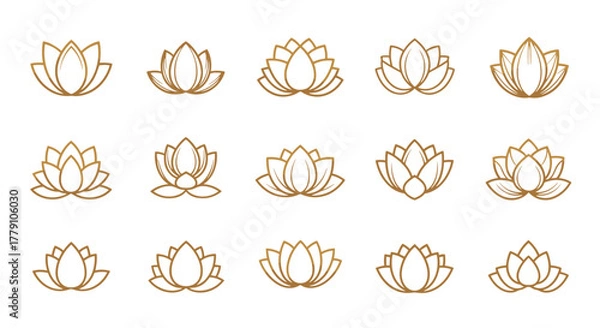 Obraz Collection of Golden Lotus Icons, Vector Cartoon Illustrations with a Clean Outline Style, Perfect for Branding, Yoga, Meditation, and Wellness Themes, Minimalist Design Elements on a Black
