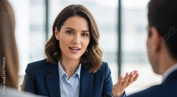 Fototapeta Confident businesswoman leading a meeting, talking to team. Female manager in job interview. HR recruitment concept. Consultant advising clients. Corporate communication.
