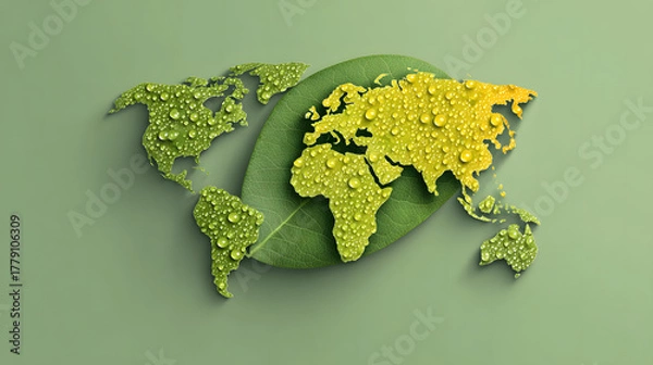 Fototapeta A world map made with water drops on a leaf, depicting environmental sustainability and global harmony. The map is set against a serene backdrop