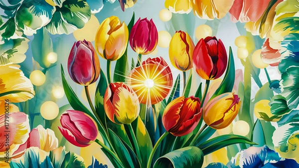 Fototapeta A vibrant, ethereal floral digital art composition with overlapping translucent flowers