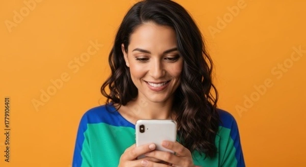 Fototapeta Young beautiful woman using smartphone, smiling while texting or browsing social media. Happy cheerful girl with mobile phone for communication isolated on vibrant orange background.