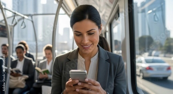 Fototapeta Happy businesswoman using a smartphone while commuting on a bus. Successful beautiful woman professional browsing internet on the go. Modern urban city lifestyle and technology concept.