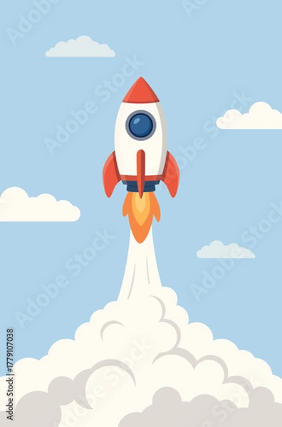 Obraz A rocket launch into the day sky with clouds leaving a trail of fire