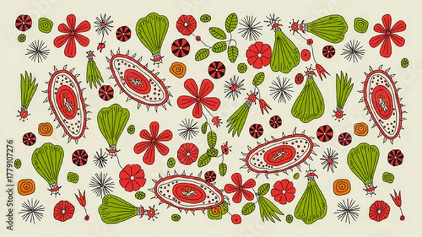 Fototapeta A whimsical pattern design on a white background featuring various hand-drawn elements in a playful, scattered arrangement