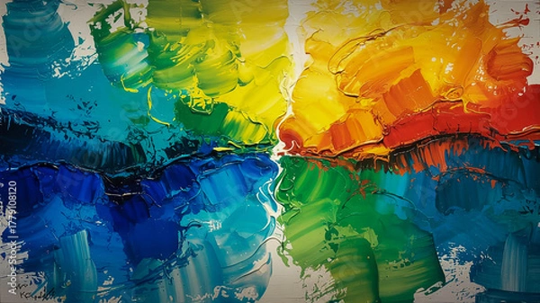 Obraz An abstract acrylic painting with a vibrant color palette dominated by deep blue tones in the lower portion and warm yellow and orange hues in the upper section