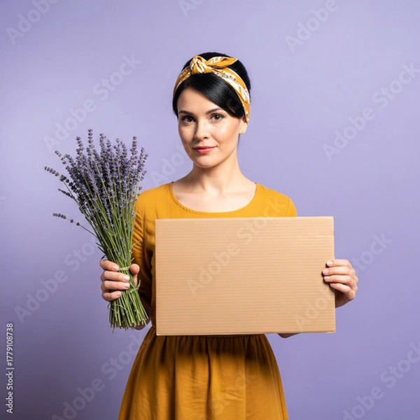 Obraz Charming woman in a retro-style yellow dress holding a bouquet of fresh lavender and a blank cardboard sign for your custom message against a purple wall