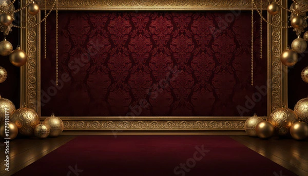Fototapeta Royal Red and Gold Curtain Stage with Festive Decor