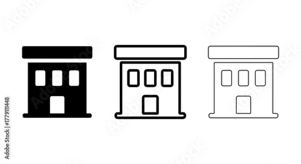 Fototapeta Three stylized building icons in solid black outline and sketch styles
