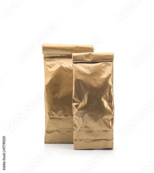Fototapeta Gold Foil plastic paper bag front and back view isolated on white background
