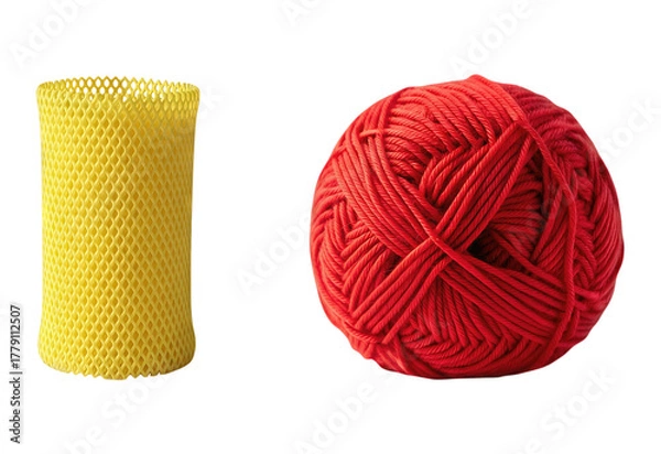 Fototapeta Bright Yellow Foam Net Sleeve Packaging Next to Vivid Red Yarn Ball Isolated on White Background Craft Supplies Protection for Delicate Objects Knitting Crochet