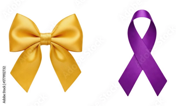 Obraz Golden Yellow Satin Bow Tie and Purple Awareness Ribbon Side by Side Isolated on White Background Symbol of Support for Awareness Campaigns Charity Event