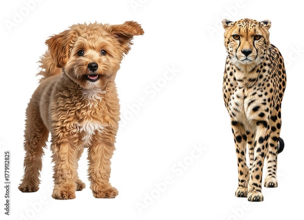 Fototapeta Cute fluffy puppy dog side by side with majestic wild cheetah big cat standing isolated on white background concept for comparison contrast domestic versus wild
