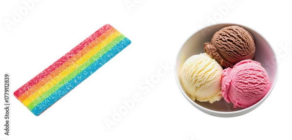 Fototapeta Rainbow sour candy belt and bowl with vanilla chocolate strawberry ice cream scoops isolated on white background sweet treats dessert concept sugary snack party