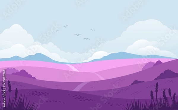 Obraz Field lavanda vector illustration. Landscape of beautiful lavender field in bloom.