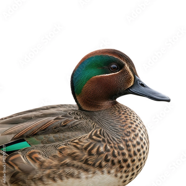 Fototapeta Male Green Winged Teal Duck Portrait with Bright Green Speculum Feather Detail Realistic Close Up Waterfowl Bird Isolated on White Background Wildlife