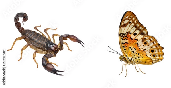 Fototapeta Scorpion and Orange Butterfly Contrast Isolated on White Background Dangerous Predator Versus Beautiful Insect Biology Contrast Entomology Macro View of