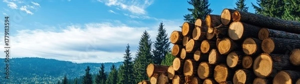 Fototapeta Stacked logs against a backdrop of mountains and a clear sky.