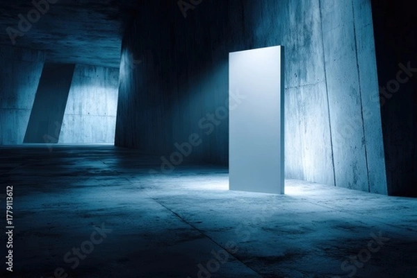 Fototapeta Concrete hall with glowing monolith, minimalist, stark, and blue-toned