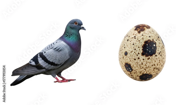 Fototapeta Rock Dove Pigeon Bird with Iridescent Neck Feathers Standing Beside a Spotted Quail Egg Isolated on White Background Avian Life Comparison Ornithology Object