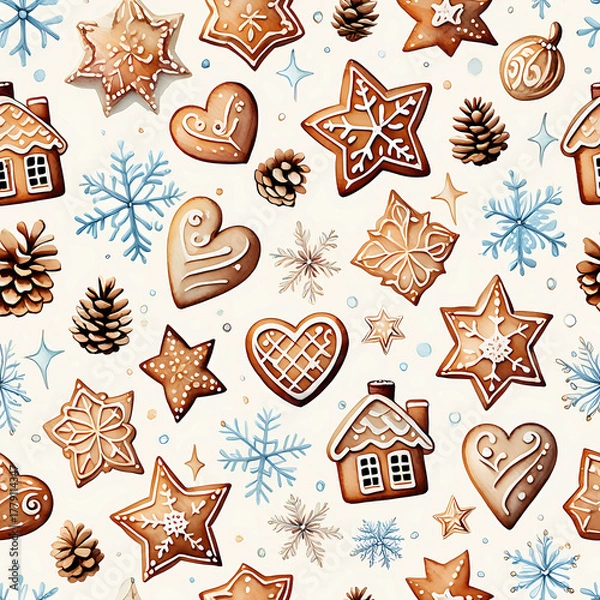 Fototapeta Cute seamless texture with gingerbread cookies and winter elements for packaging, fabric and stationery.