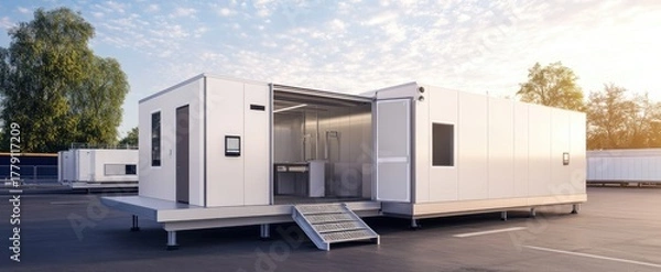 Fototapeta Modern modular building on paved surface under a partly cloudy sky