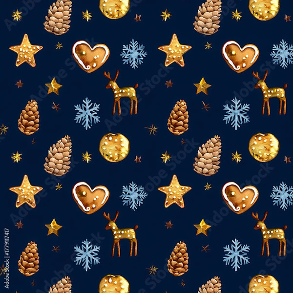 Fototapeta Cute seamless texture with gingerbread cookies and winter elements for packaging, fabric and stationery.