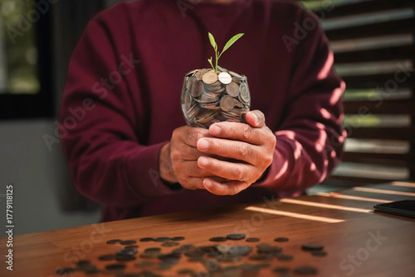 Fototapeta A person holding a glass jar filled with coins and a small green plant growing on top, symbolizing financial growth, savings, and investment for a sustainable and prosperous future.