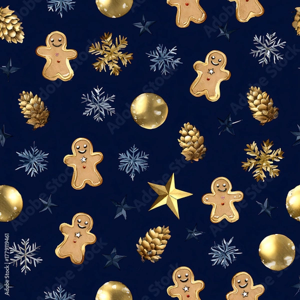 Fototapeta Cute seamless texture with gingerbread cookies and winter elements for packaging, fabric and stationery.