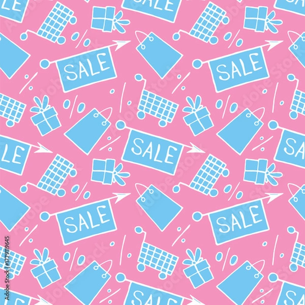 Fototapeta Vector seamless pattern with inscriptions and symbols Sale. Hand drawn background and texture on theme of Black Friday, discounts, shopping and special offers