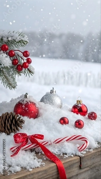 Obraz A festive, panoramic Christmas scene. The foreground features a wooden surface covered in a thick layer of pristine white snow. Scattered across the snow are several red Christmas ornaments of varying