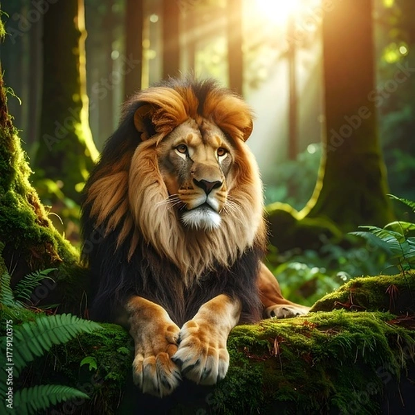 Obraz Majestic lion resting serenely on a moss-covered branch in sunlit woods