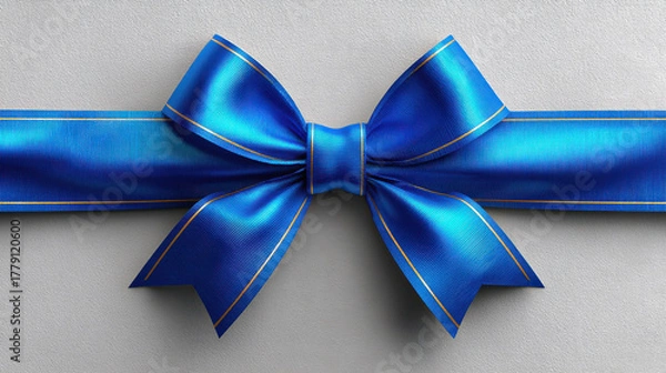 Fototapeta Blue satin ribbon bow with gold trim textured gray background, elegant decoration for gift wrapping or celebration with shiny smooth fabric
