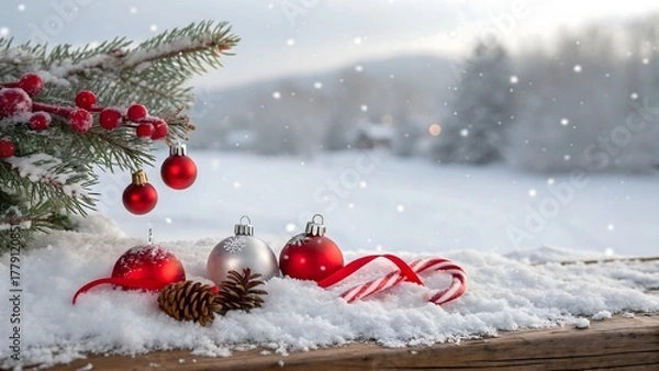 Obraz A festive, panoramic Christmas scene. The foreground features a wooden surface covered in a thick layer of pristine white snow. Scattered across the snow are several red Christmas ornaments of varying