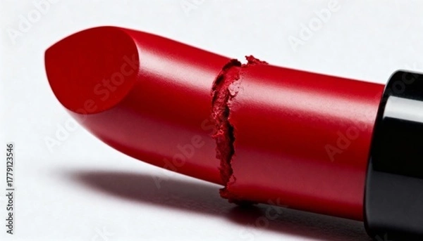 Fototapeta A close-up shot of a vibrant red lipstick stick broken in half, revealing its textured interior against a clean white background.