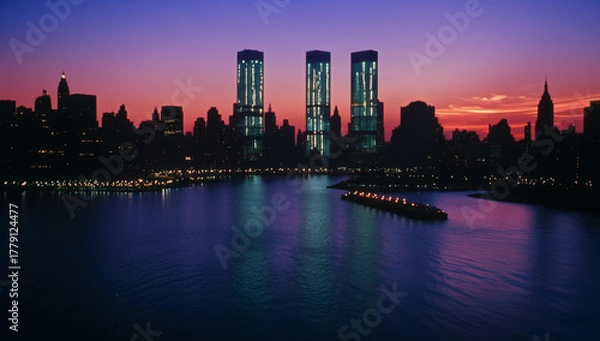 Obraz City skyline glows at sunset, tall buildings reflect deep orange and blue light over dark water for a peaceful evening scene.