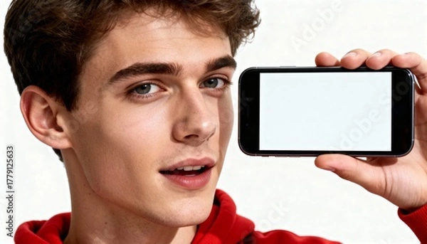 Fototapeta Young man with light skin holding a smartphone with a blank white screen, looking at the viewer.