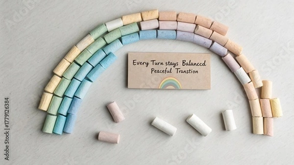 Fototapeta Colorful arrangement of pastel chalks forming a rainbow with an inspirational message on a smooth surface