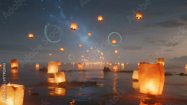 Obraz floating paper lanterns forming circle on calm midnight water