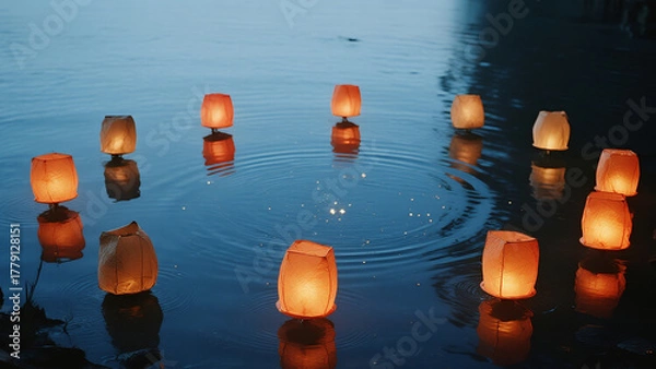 Obraz floating paper lanterns forming circle on calm midnight water