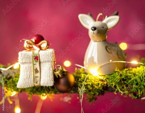 Fototapeta Festive reindeer and gift on moss with bokeh lights against red.