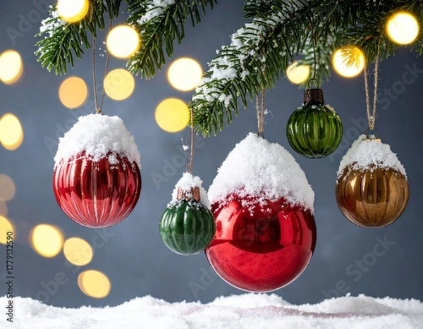 Fototapeta Christmas baubles hang covered in snow with bokeh lights behind.