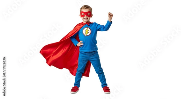Obraz A young boy in a blue suit, red mask, and red cape dressed as a superhero with his fist up in the air, looking powerful.