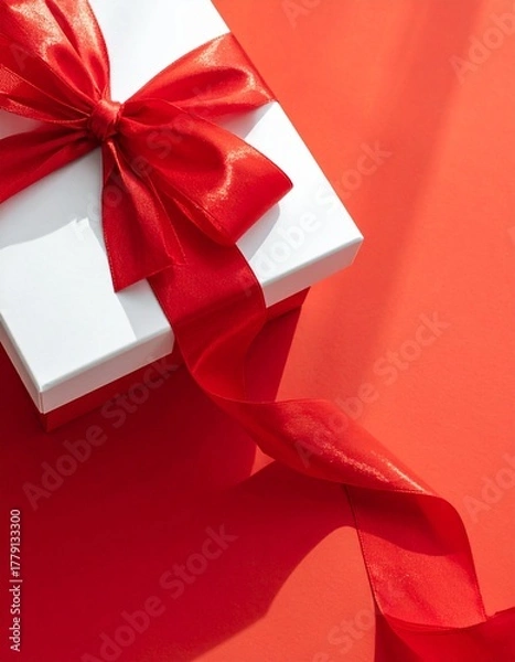 Fototapeta Elegant gift box with red ribbon on a vibrant, red background.