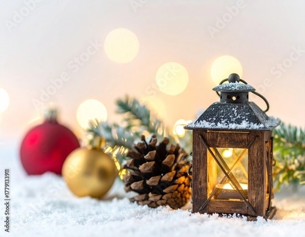Fototapeta A Christmas lantern shines with warm light in a festive arrangement