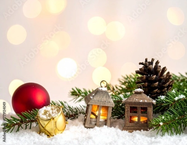 Fototapeta Close-up of Christmas ornaments on snow with festive bokeh lights.