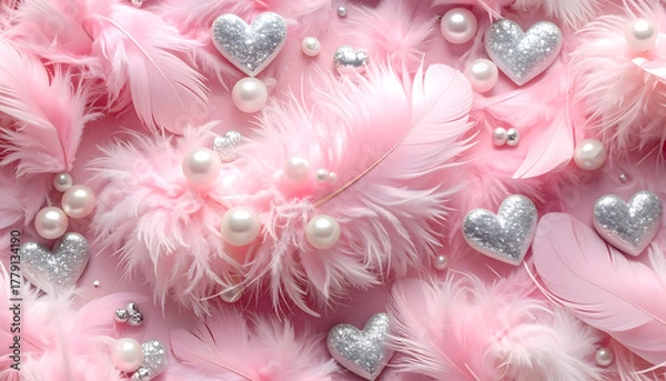 Fototapeta pink feathers and heart happy valentine day background