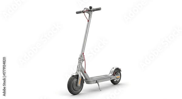 Fototapeta A silver electric scooter with red cables on a white background in a studio setting angled view ai generated